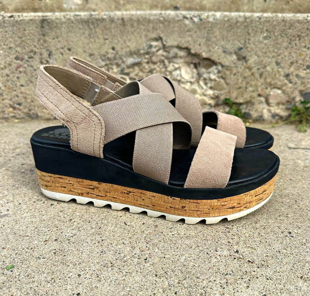 Sorel Cameron Flatform Sandals Womens 6.5 Taupe Suede Cork Platform NL4640
